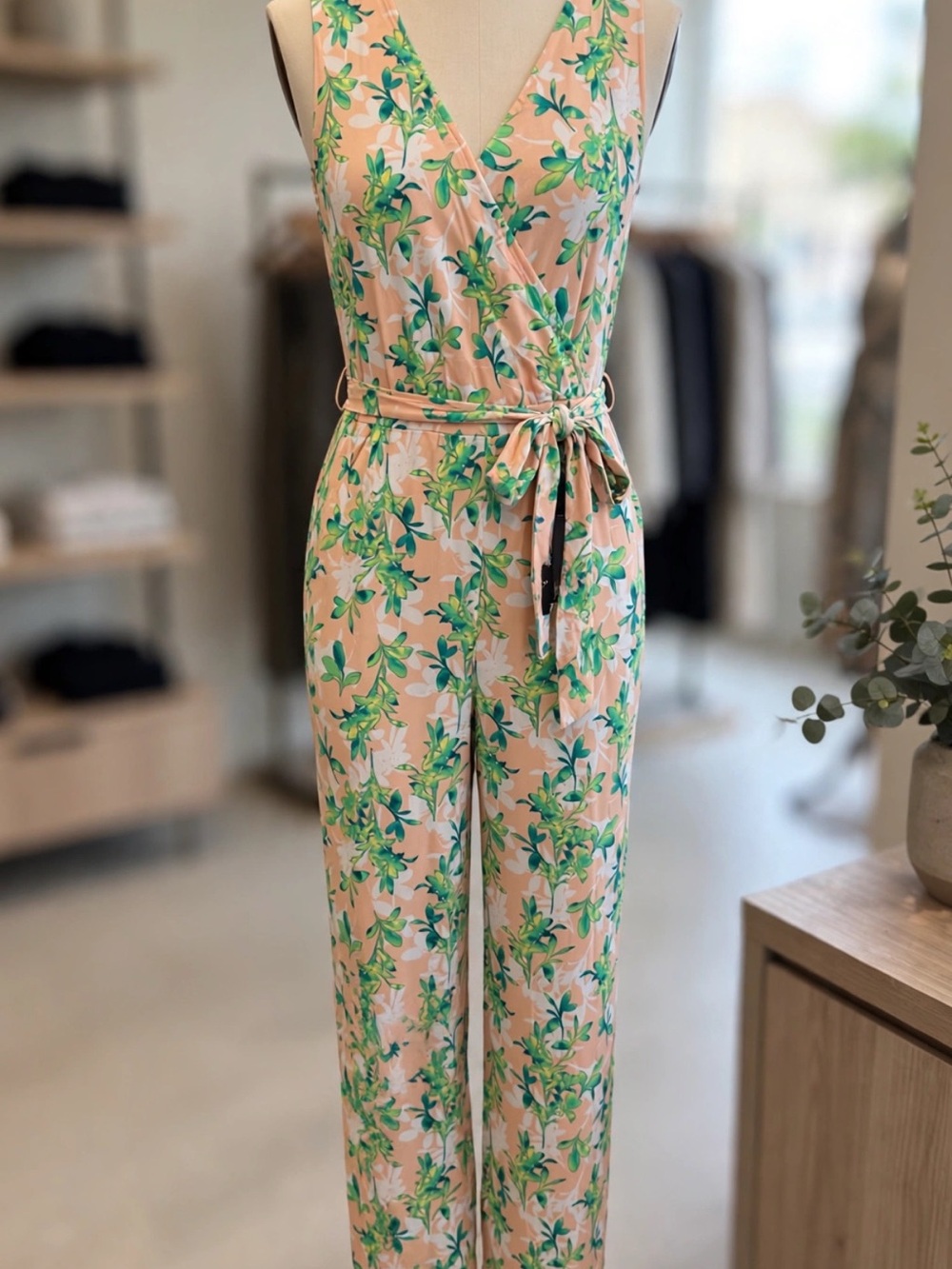 Christian Siriano Peach Floral Wrap Jumpsuit with Green Leaf Print